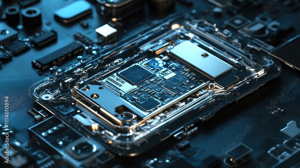 Poster close-up of a circuit board with microchips and electronic components.