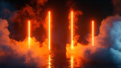 Fototapeta premium 鮮やかなオレンジの光と霧に包まれた幻想的な空間の中景