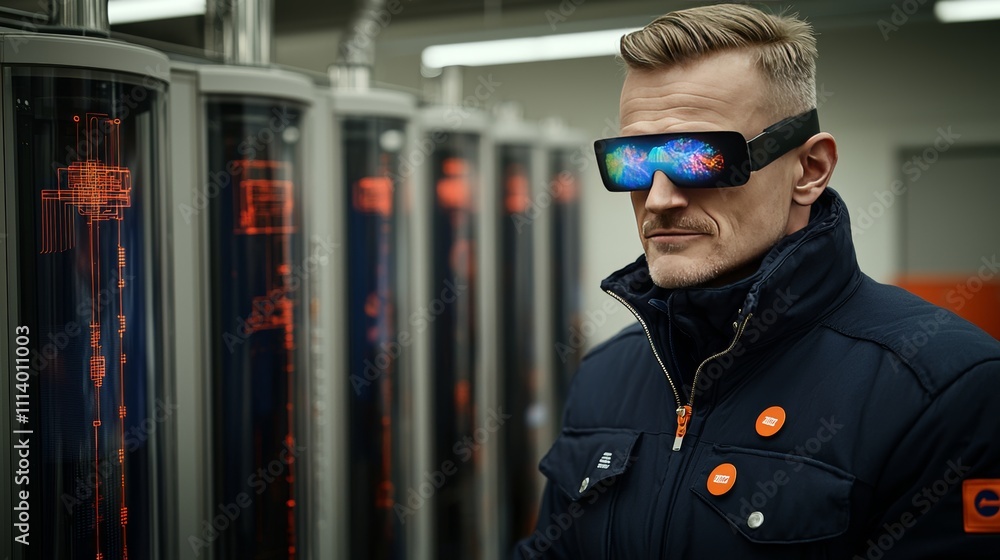 Poster innovative technology showcase man wearing smart glasses in high-tech lab interactive display futuri