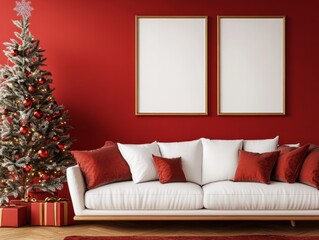 frames on the wall in a red Christmas beautiful living room

