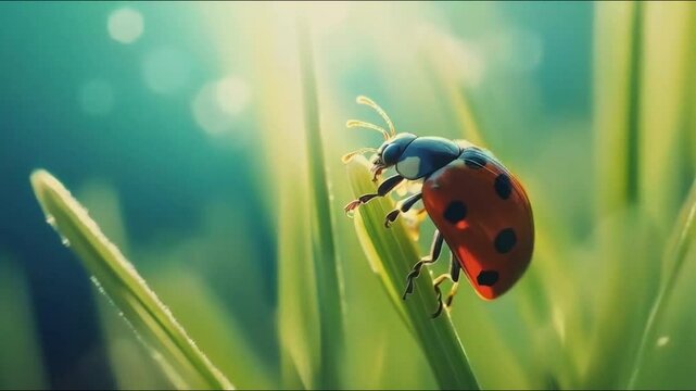 Close-up of a ladybug on a blade of grass in a sunlit field.