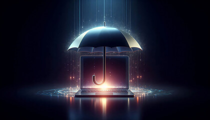 Cybersecurity visualized laptop under online protection umbrella