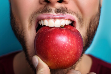 morder una manzana roja con los dientes blancos de un chico