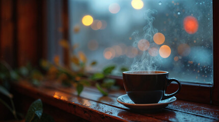 Steaming coffee cup on rainy windowsill with bokeh lights and green plants, cozy atmospheric still life with moody evening ambiance