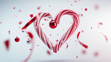 Two candy canes forming a heart shape, adorned with vibrant red ribbons and small festive ornaments. Set on a clean white background 