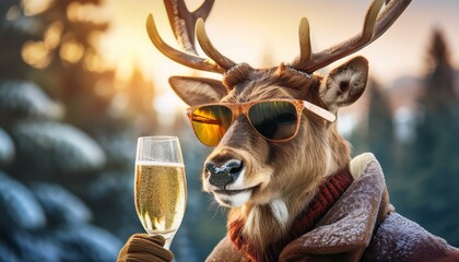 A whimsical and festive reindeer wearing stylish sunglasses holds a glass of champagne, exuding holiday cheer and cool vibes. With its antlers decorated and a jolly expression, this playful scene capt