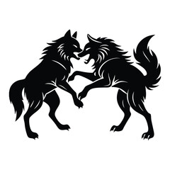 A vector silhouette of a fight between two wolves with a white background.