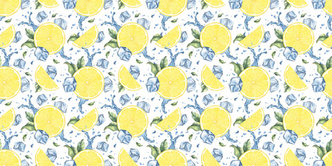Lemon slices, leaves, ice cubes and water droplets. Dynamic cold liquid with citrus fruits. Hand drawn watercolor seamless Surface pattern design. Background for menu, package, cosmetic, textile