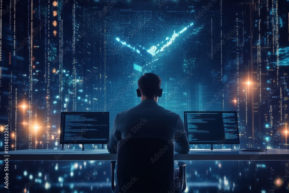 Poster professional in modern workspace analyzing data on multiple screens at night