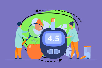 Doctors testing blood for sugar and glucose, using magnifying glass and glucometer for hypoglycemia or diabetes diagnosis. Vector illustration for awareness day, medicine, health care concept