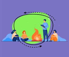Obraz premium Campfire, camping, story telling concept. Cheerful people sitting at fire, telling scary stories, having fun. For summer outdoor activities or leisure time with friends topics