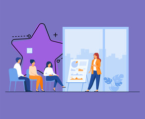 Coach speaking before audience. Mentor presenting charts and reports, Employees meeting at business training, seminar or conference. Vector illustration for presentation, lecture, education concept