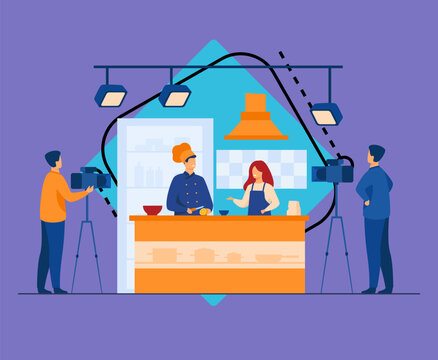 Chef preparing food on popular TV show isolated flat vector illustration. Cartoon people cooking fruit salad on camera. Television and culinary concept