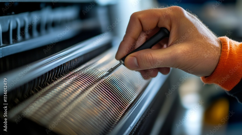 Aufkleber a person using a tool to adjust or repair a mechanical device, focusing on precision work.