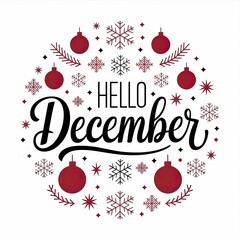 Festive December Greeting with Red Ornaments and Snowflakes on White Background