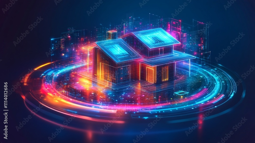 Poster vibrant holographic representation of a smart home with dynamic visual patterns and glowing effects