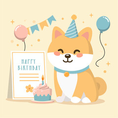 Cute Birthday Shiba Inu with Balloons, Card and Cake Vector Illustration - Perfect for Greeting Cards, Invitations, and Party Decorations