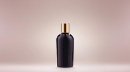 Fototapeta premium Elegant Black Perfume Bottle with Gold Cap on Soft Neutral Background, Perfect for Luxury Fragrance Promotions and Product Advertising