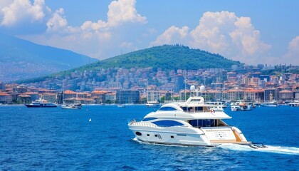 Sailor skillfully steering an elegant yacht in a vibrant regatta with numerous competing boats