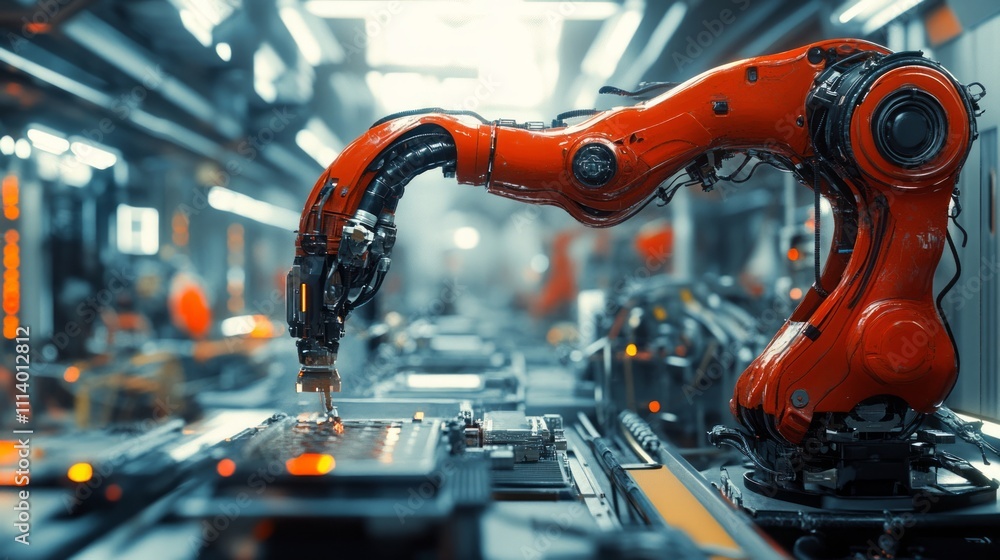 Poster a robotic arm assembling components in a high-tech industrial environment.