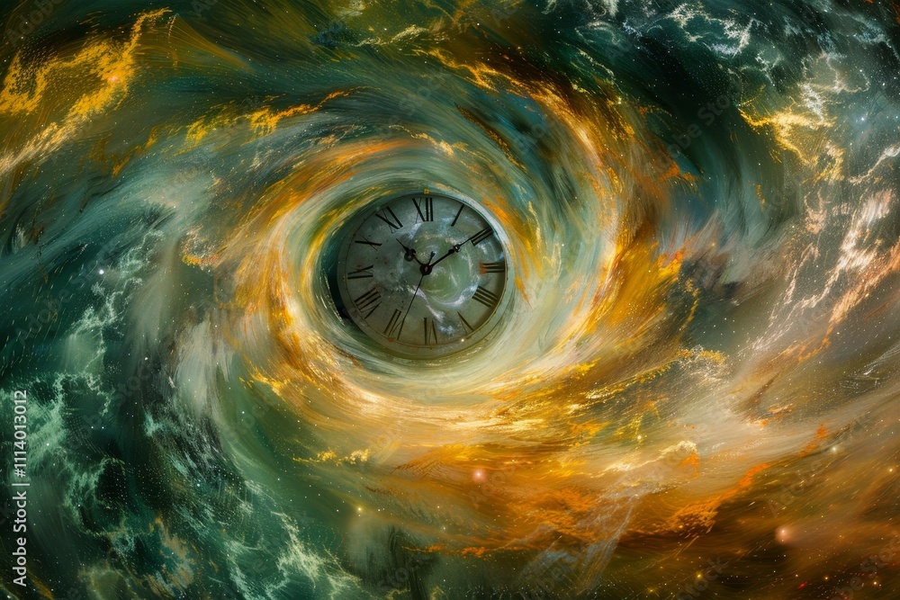 Poster exploring time abstract background featuring clock motifs and futuristic time travel technology