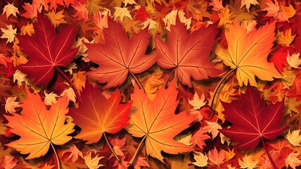 Fototapeta premium Canadian autumn leaves background, vibrant red and orange shades, natural pattern