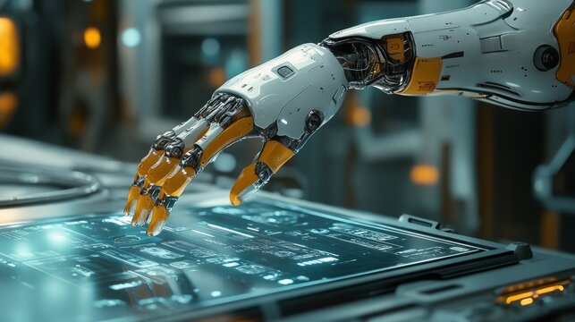A robotic hand interacts with a futuristic touchscreen interface in a high-tech environment.