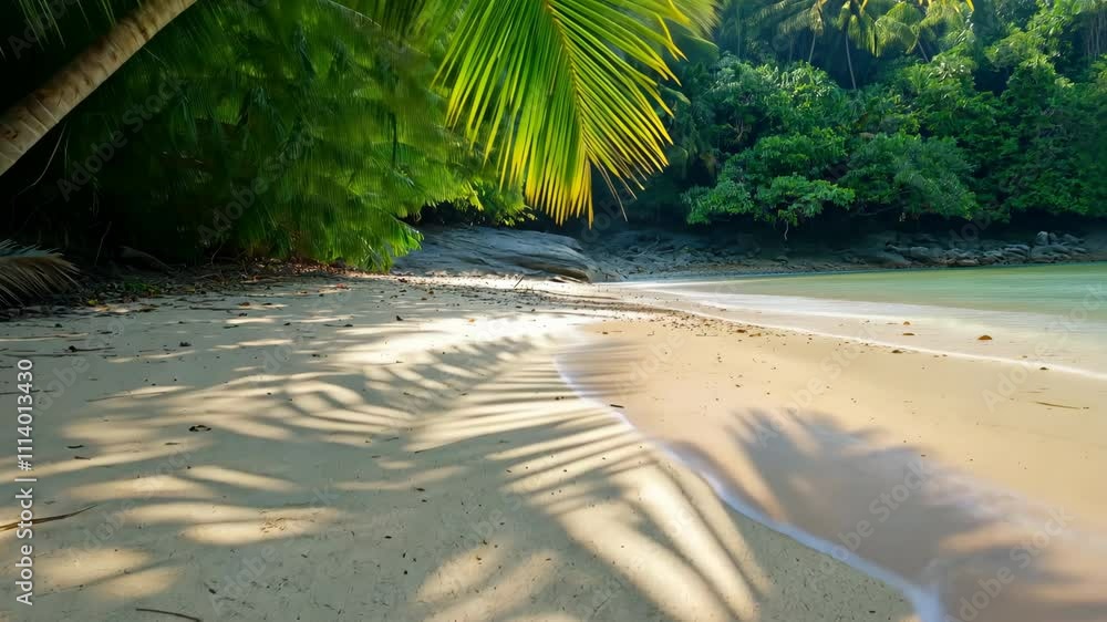 Poster a beach with palm trees and a large shadow cast on the sand. the beach is empty and the palm trees a