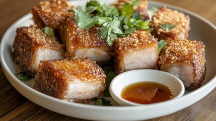 Crispy Pork Belly Served with Fresh Herbs and Dipping Sauce