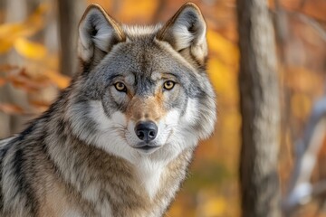 Obraz premium A coyote is currently standing in the snow, intently looking at the camera