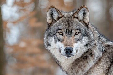 A coyote is currently standing in the snow, intently looking at the camera