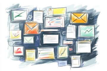hand drawn colorful envelopes, Text Notifications, sketch illustration on white background, 