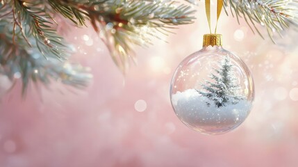 Women hands decorate the Christmas tree with Glass balls and snow falling in winter garden,Hands decorating christmas tree with stylish bauble,Winter holidays preparation,Merry Christmas,copy space.