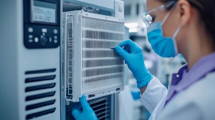 A technician inspects an air filter in a laboratory setting, ensuring proper function.