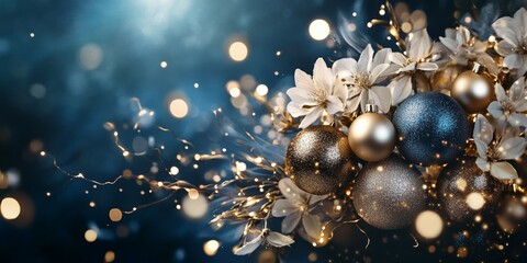 Fototapeta premium A blue background with gold and silver Christmas ornaments, sparks of lightning, and flowers
