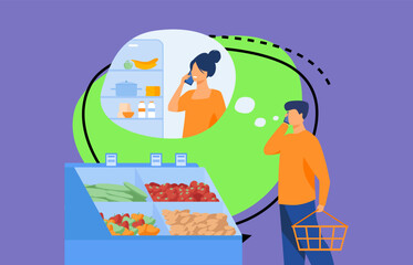 Man talking phone from grocery with woman near fridge isolated flat vector illustration. Cartoon people buying food for home and husband calling to wife. Communication and family concept