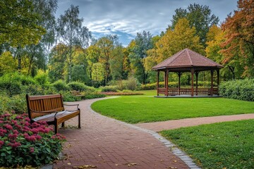 Two benches are in the park with a gazebo in the background