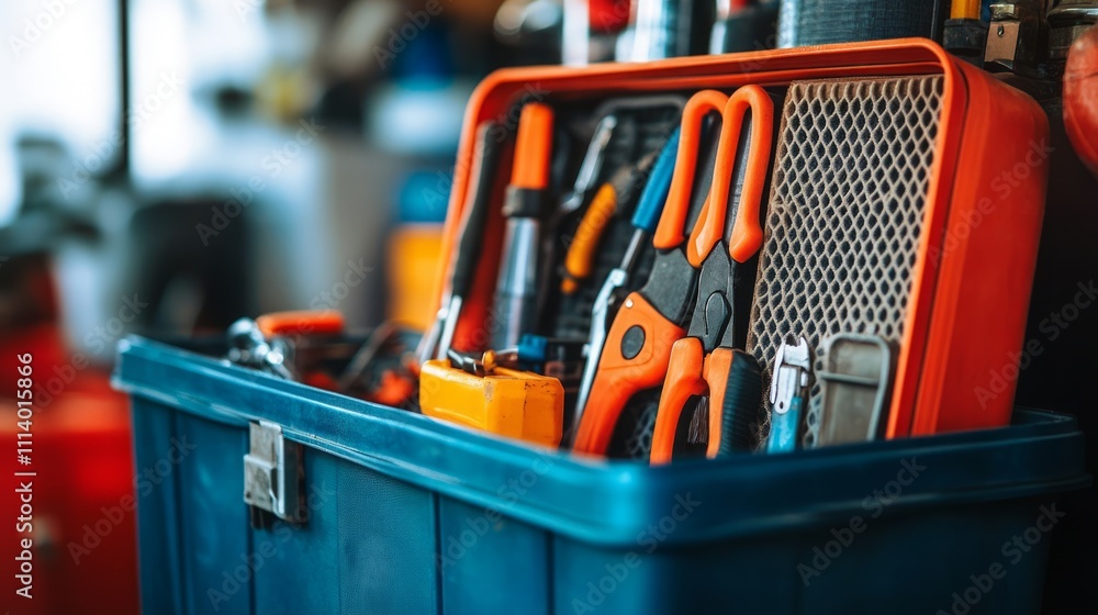 Poster a toolbox filled with various tools for diy projects and repairs.
