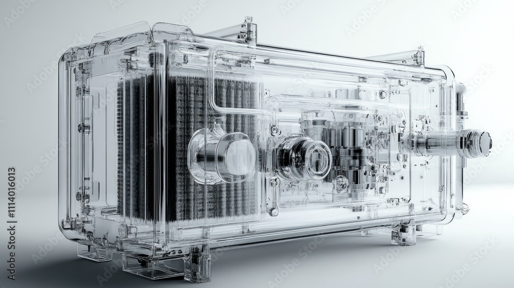 Aufkleber a transparent device showcasing intricate mechanical components and structures.