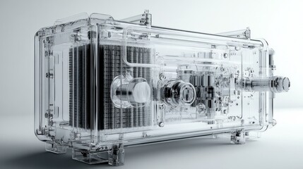 A transparent device showcasing intricate mechanical components and structures.