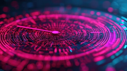 Milestones strategy deadlines. A vibrant circular design with neon pink and blue elements, resembling a digital clock or futuristic dashboard, set against a dark background.