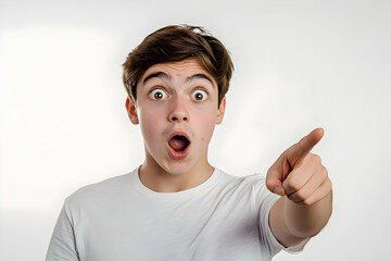 A young man pointing to the right, his face full of surprise, isolated on a white background to capture a moment of astonishment and disbelief.