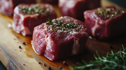 Freshly Cut Meat Cubes with Herbs on Wooden Board for Cooking