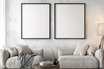 Cozy living room with two empty frames on wall, soft sofas, and warm ambiance. Perfect for minimalist interior design