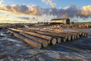 Logs stacked at a timber yard under a cloudy sunset sky in a rural landscape