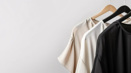 A minimalist fashion concept featuring women's blouses and t-shirts hanging on a white background, ideal for fashion blogs, websites, or social media headers.