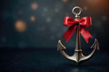 Silver anchor with red bow on dark background symbolizing hope and stability © Cozy Coffee Bar