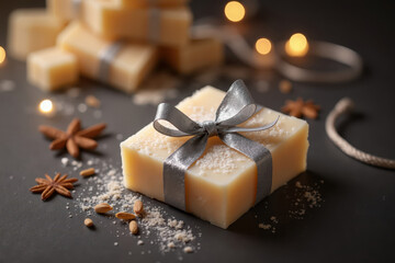 Close up of natural handmade soap bar presented as a gift for christmas or other special occasion