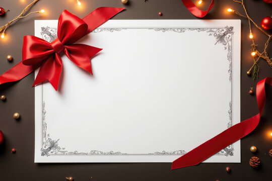 Christmas gift certificate or invitation with festive decorations and red bow