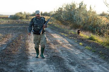 Mature hunter man holding a shotgun and walking through a field